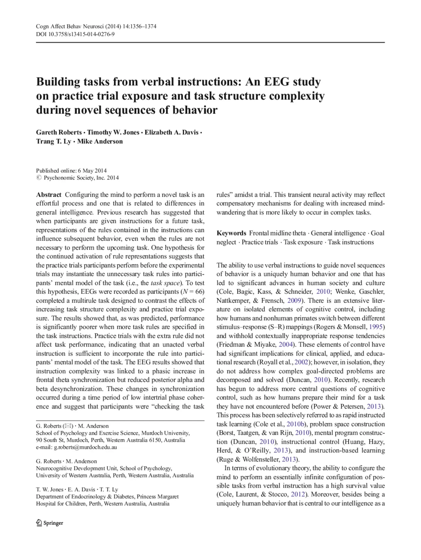 First page of the Cognitive, Affective, and Behavioral Neuroscience article, with the title, authors, and abstract.