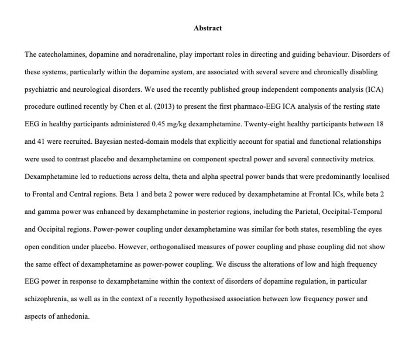 Abstract page of the dexamphetamine resting-EEG manuscript.
