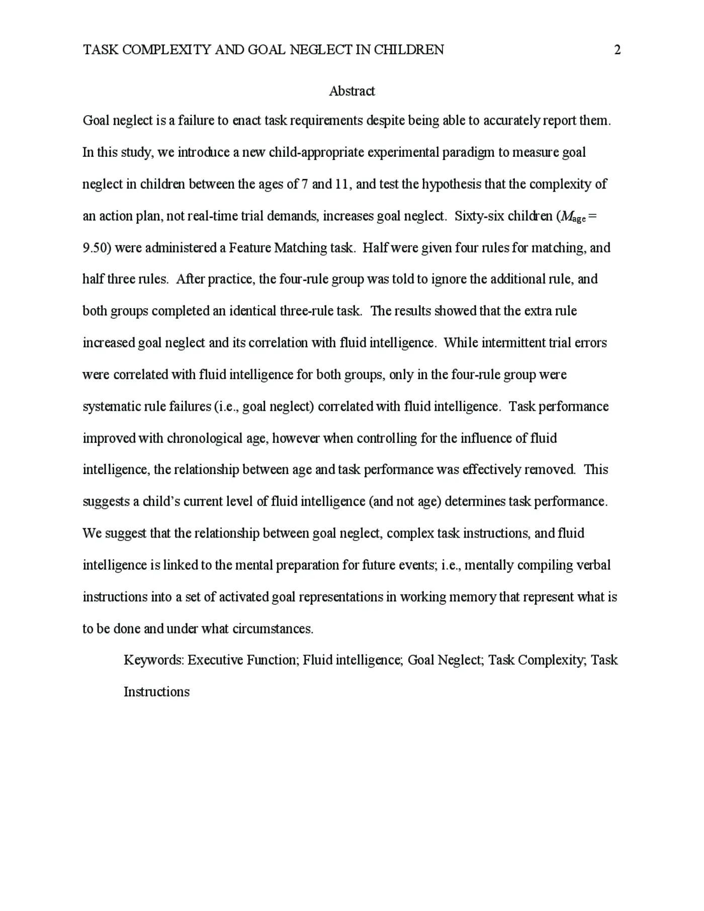 Abstract page of the author's accepted manuscript on goal neglect in children.