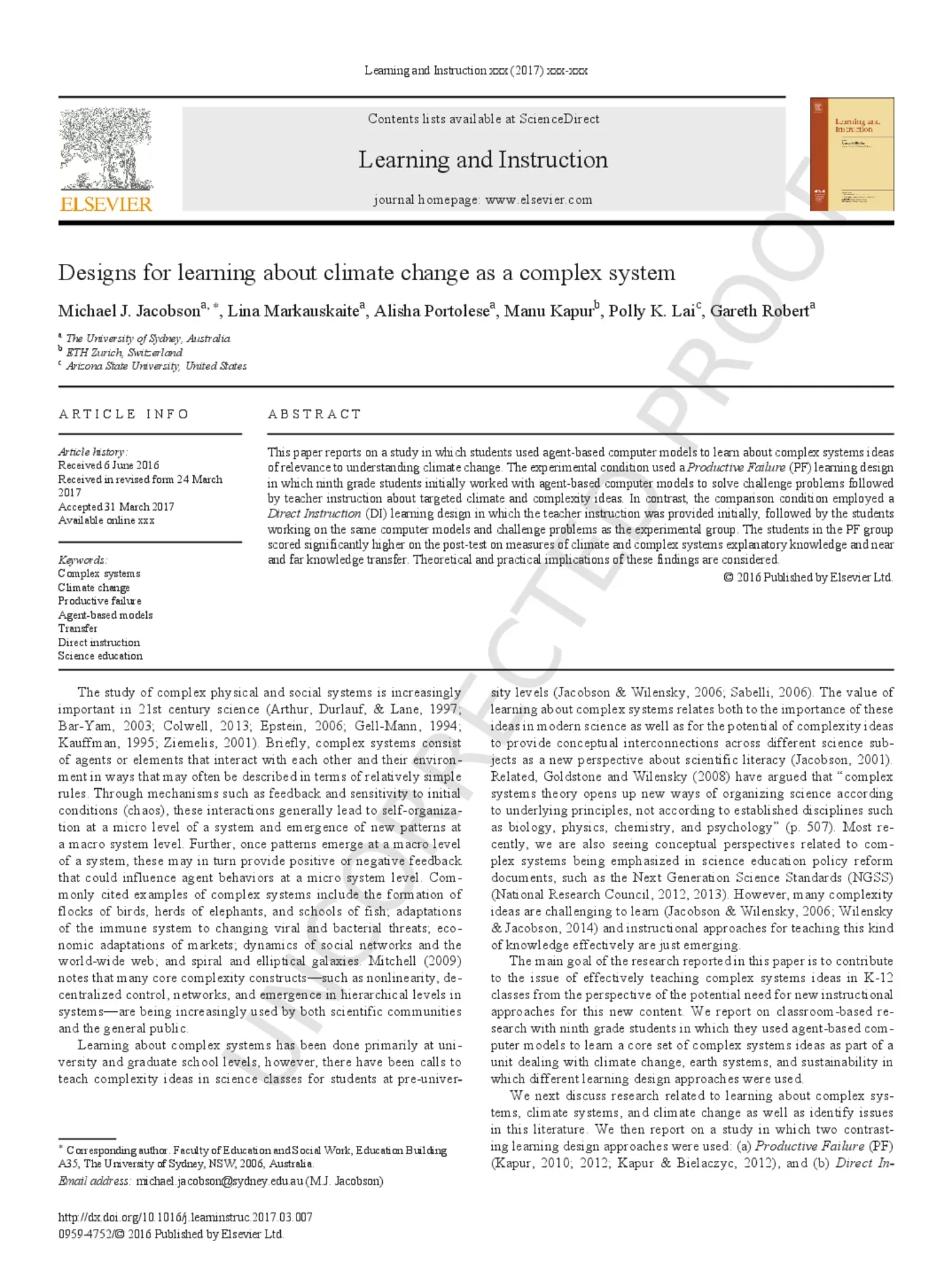 First page of the Learning and Instruction proof on climate change as a complex system.