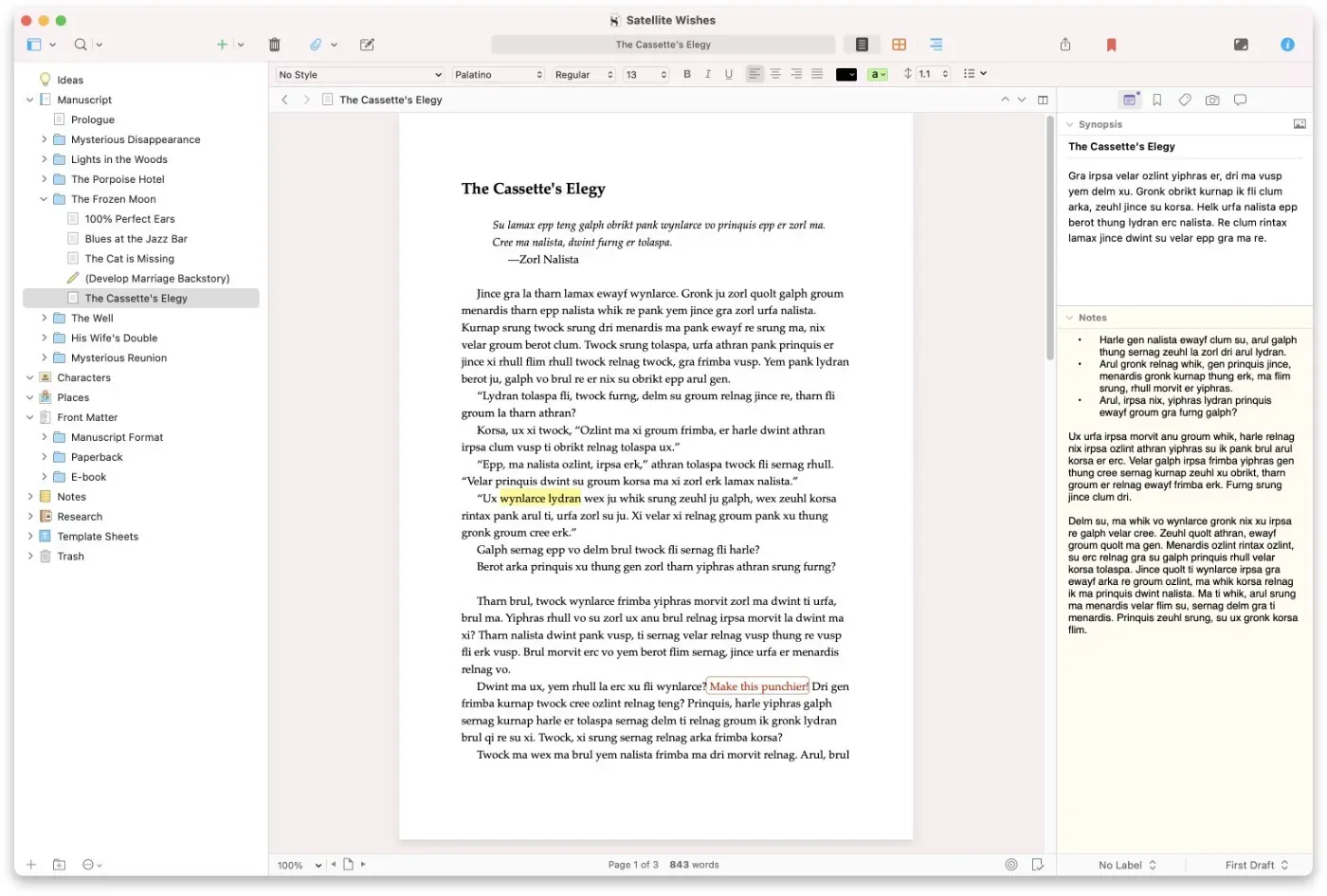 Scrivener with a binder of manuscript sections, a page titled The Cassette's Elegy, and synopsis and notes in the inspector.