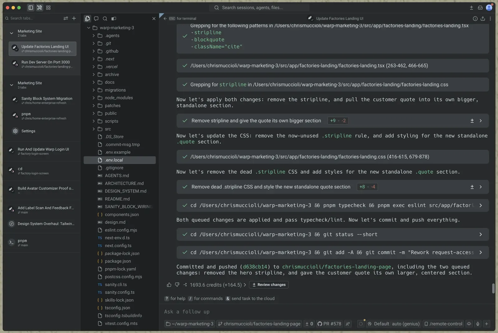 Warp terminal with a file tree, a session list, and a block-by-block agent edit that greps, patches CSS, typechecks, and commits.