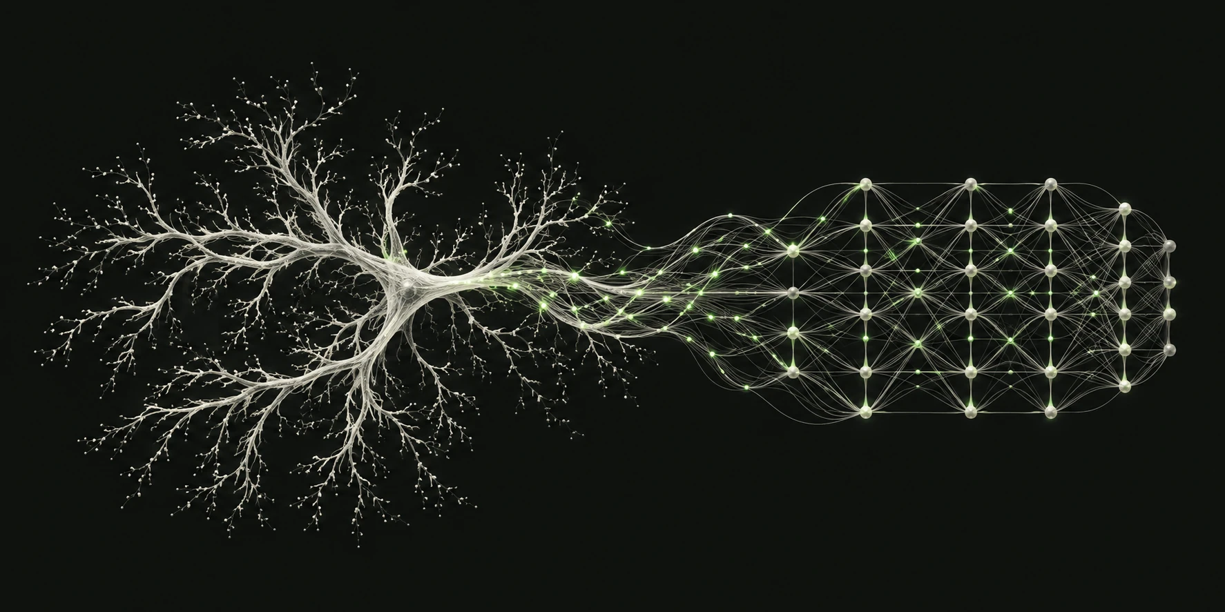 An organic branching neuron merging into a structured artificial neural network.
