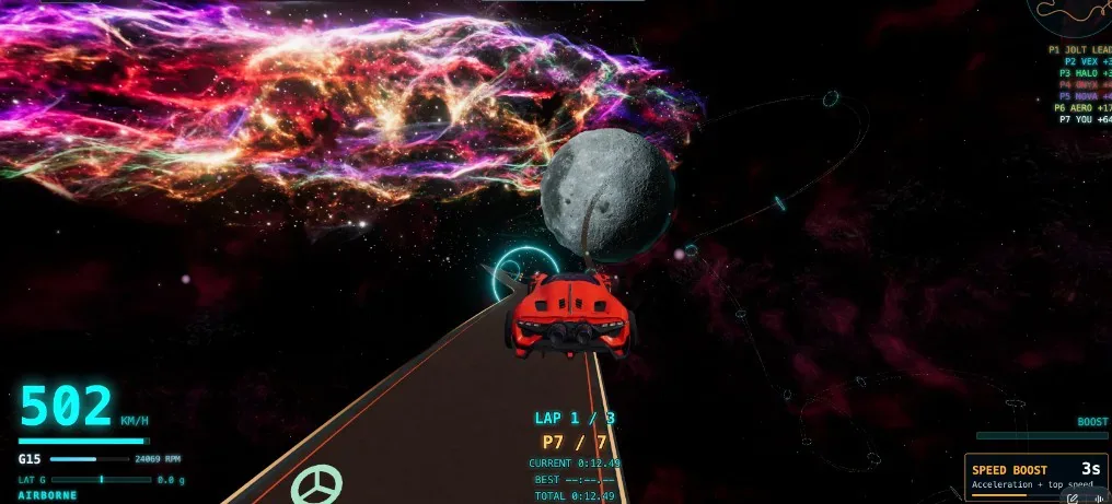 The red car airborne above a space track at 502 km/h, with a nebula and the moon behind it.