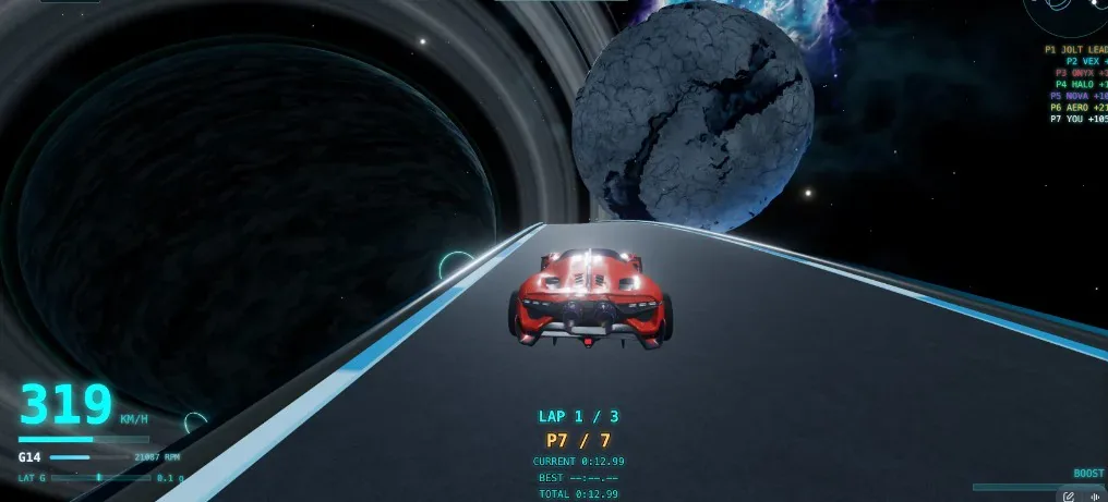 Closing on a cracked grey planet at 319 km/h, with a dark ringed world filling the left of the frame.