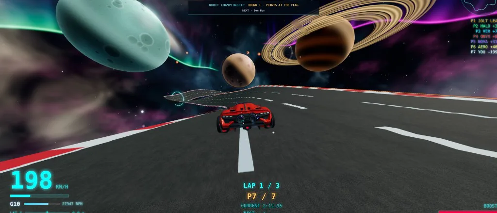 Orbit Championship round one on a wide marked circuit, with a ringed planet and a smaller world ahead.